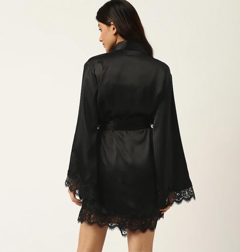 Women Black Solid Satin Robe With Lace Detail